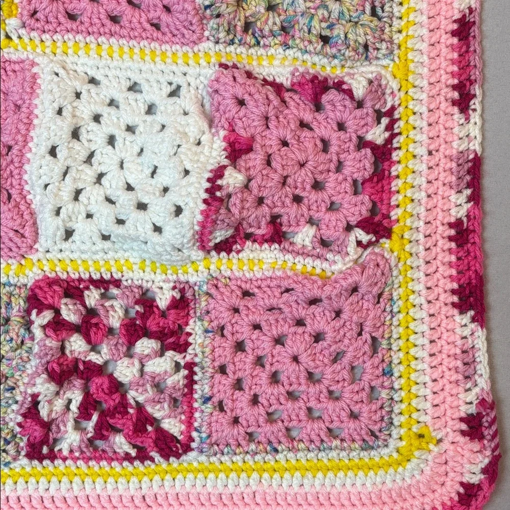 Granny Square Girls Crib Blanket Throw 3x2 Pink Yellow Multicolor